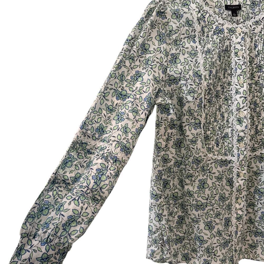 Talbots Scallop Lace Trim Top in Blooming "Daffodils" Floral Size Large - Picture 6 of 11